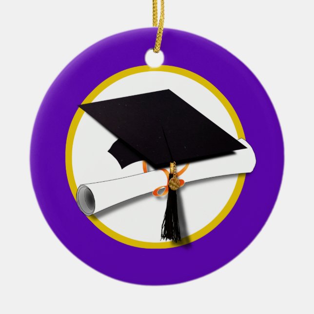 Graduation Cap w/Diploma - Purple Background Ceramic Tree Decoration (Front)