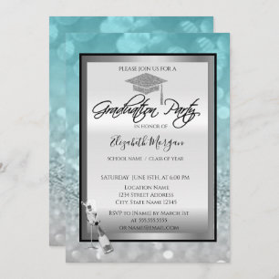Graduation Cap,Wine Glass Bokeh Silver Graduation Invitation