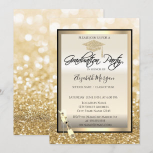 Graduation Cap,Wine Glass Gold Bokeh Graduation Invitation