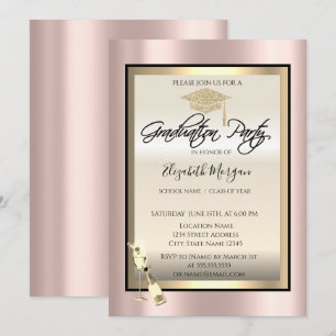 Graduation Cap,Wine Glass Rose Gold Graduation Invitation