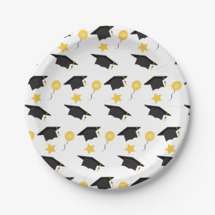 Graduation Cap With Balloons Stars Pattern White Paper Plate
