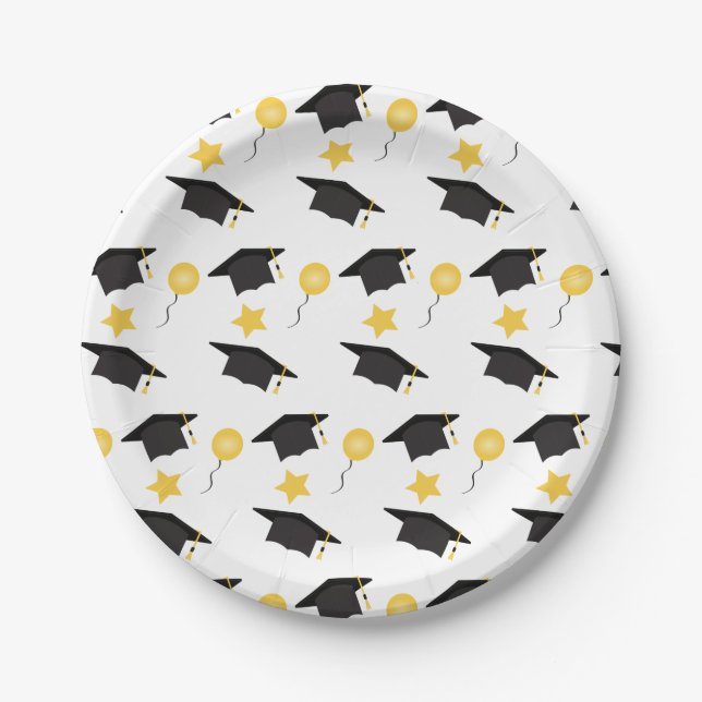 Graduation Cap With Balloons Stars Pattern White Paper Plate (Front)