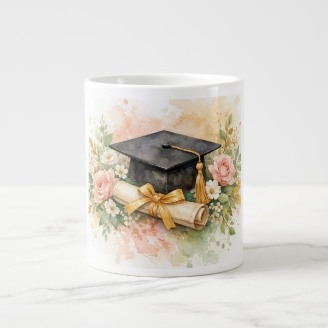 Graduation Cap with Floral Design Large Coffee Mug (Front)