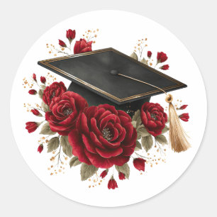 Graduation Cap with Red Roses Celebration Design Classic Round Sticker