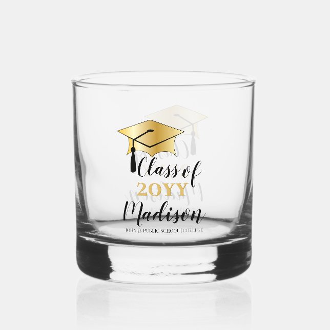 Graduation Cap with Tassel Class Year Whiskey Glass (Front)
