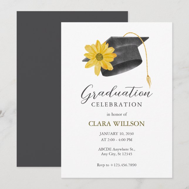 Graduation cap with yellow flower invitation (Front/Back)