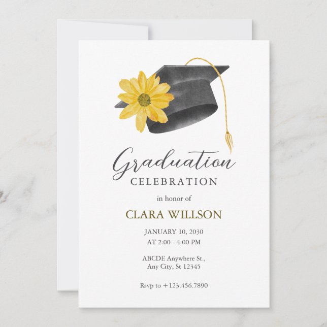 Graduation cap with yellow flower invitation (Front)