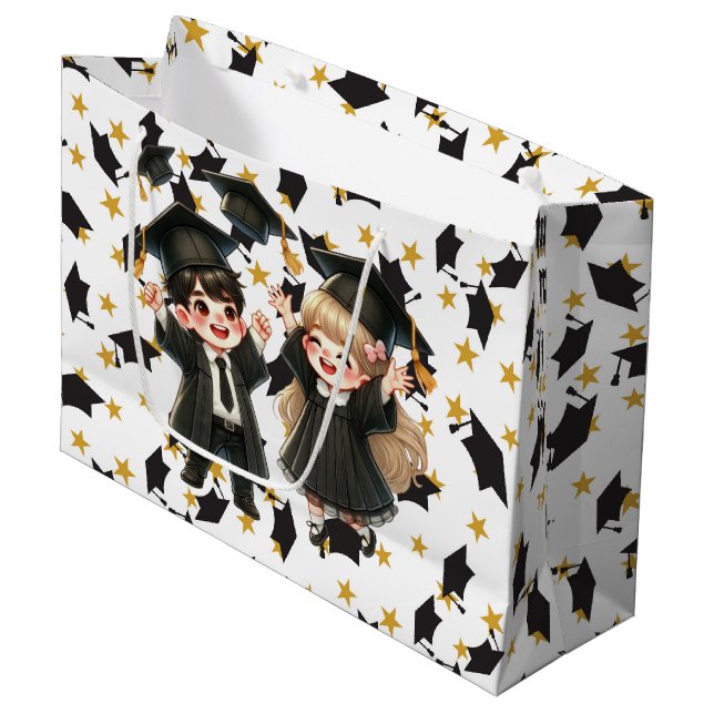Graduation Caps And Stars Large Gift Bag (Front Angled)