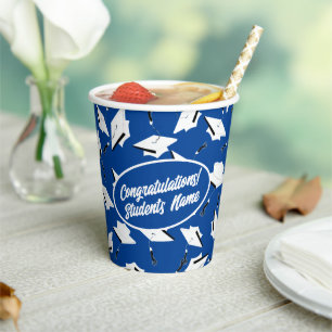 Graduation Caps Blue and White Personalised Party Paper Cups