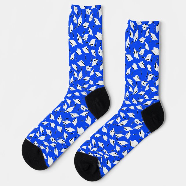 Graduation Caps Celebration White on Bright Blue Socks (Left)
