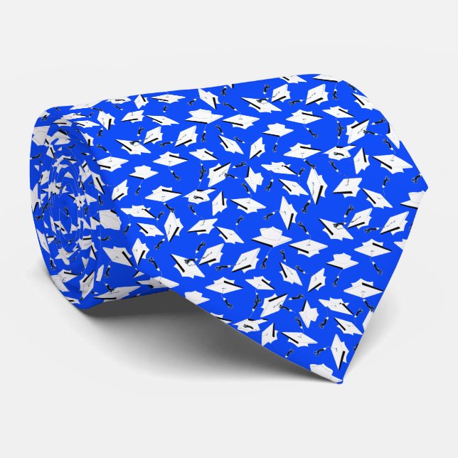 Graduation Caps Celebration White on Bright Blue Tie (Rolled)