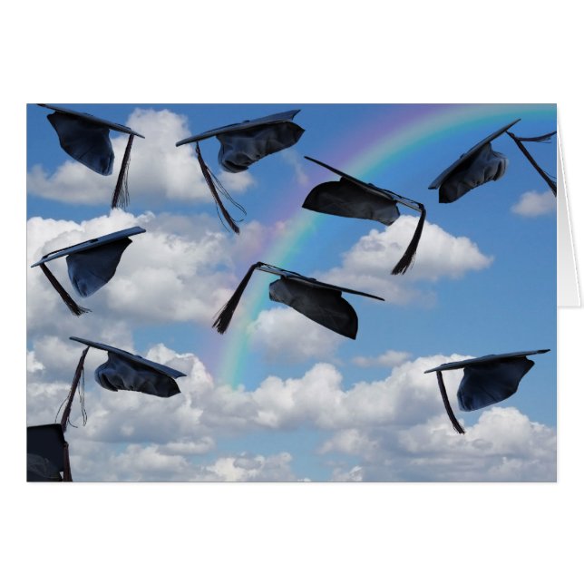 Graduation caps in sky with rainbow (Front Horizontal)