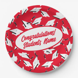 Graduation Caps Red and White Personalised Party Paper Plate