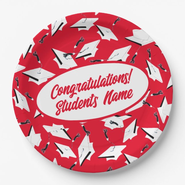 Graduation Caps Red and White Personalised Party Paper Plate (Front)