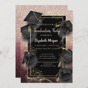 Graduation Caps Rose Gold Glitter Graduation Party Invitation