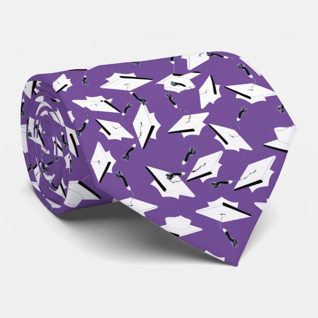 Graduation Caps Tossed Celebration White on Purple Tie (Rolled)