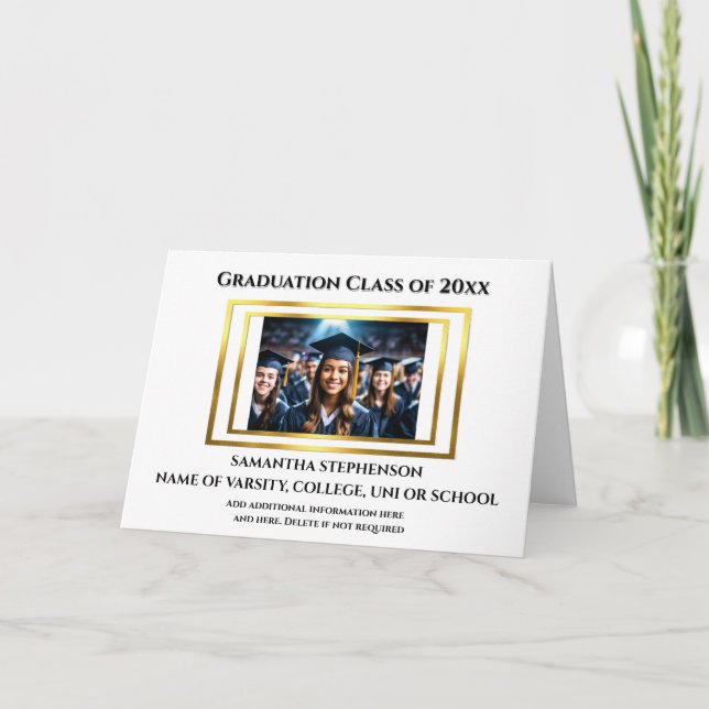 Graduation celebration custom photo plain gold card (Front)
