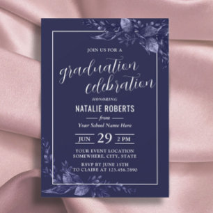 Graduation Celebration Elegant Navy Blue Botanical Invitation