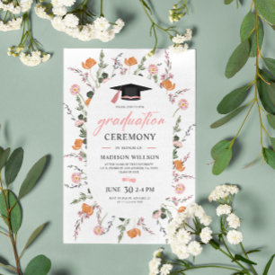 Graduation Ceremony Wildflowers Pink Black Hat Invitation