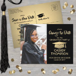 Graduation Change the Date Photo Black Gold Update Announcement Postcard<br><div class="desc">If unexpected circumstances have caused a postponement or cancellation of your graduation party, inform family and friends of the change in plans with these modern black and gold save the new date postcard invitations. All photos and text are simple to customise. Design features gold faux metallic foil background and graduation...</div>