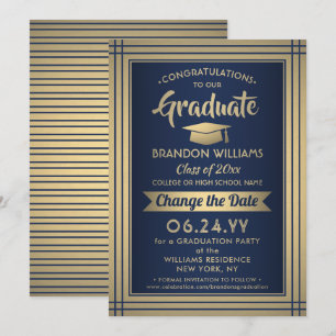 Graduation Change the Date Postponement Navy Gold Save The Date