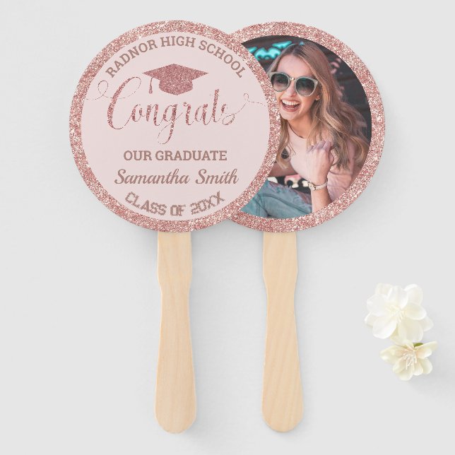 Graduation Chic Rose Gold Pink Graduate Photo Hand Fan (Front and Back)