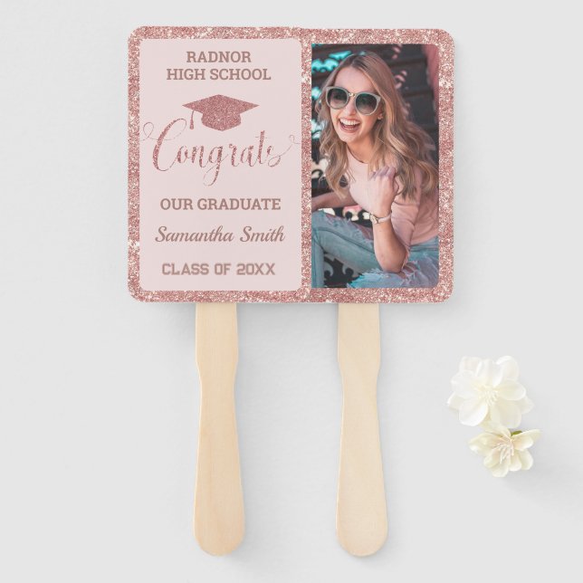 Graduation Chic Rose Gold Pink Graduate Photograph Hand Fan (Front and Back)