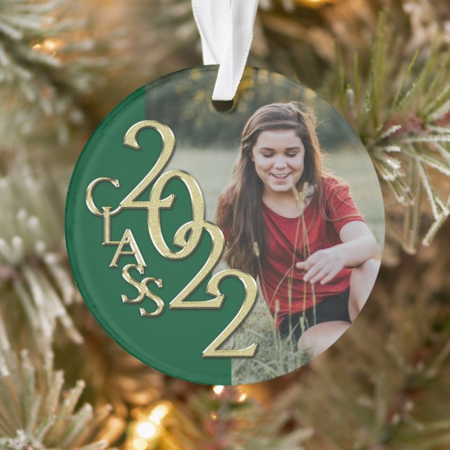 Graduation Class 2022 Photo Green Gold Ornament (Tree)
