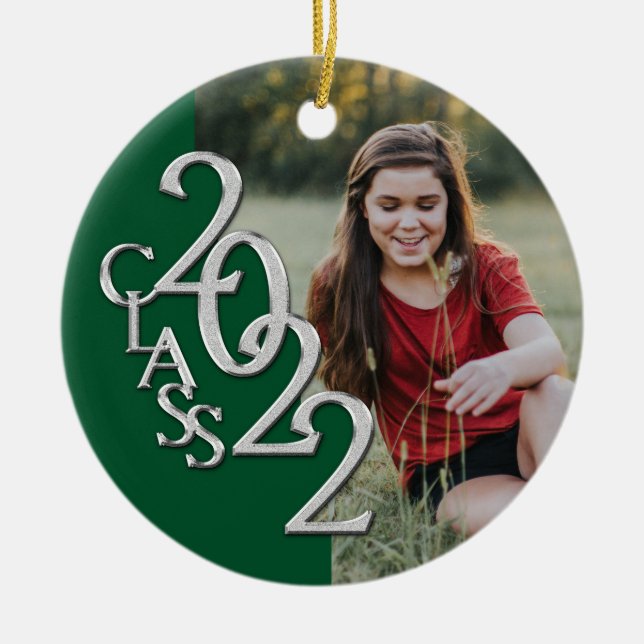 Graduation Class 2022 Photo Green Silver Ceramic Tree Decoration (Front)