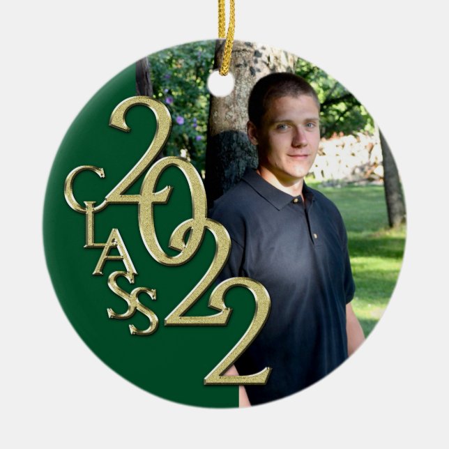 Graduation Class 2022 Photo Green with Gold  Ceramic Tree Decoration (Front)