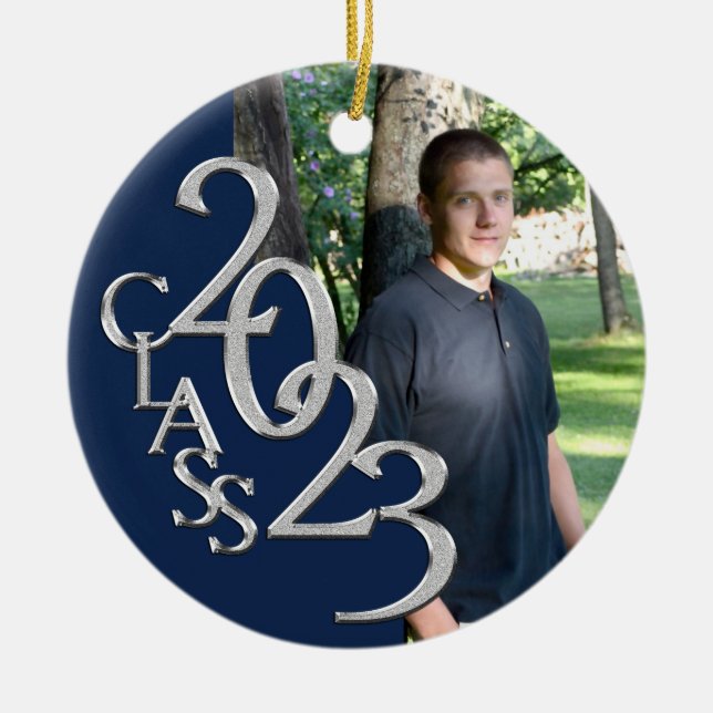 Graduation Class 2023 Photo Blue and Silver Ceramic Tree Decoration (Front)