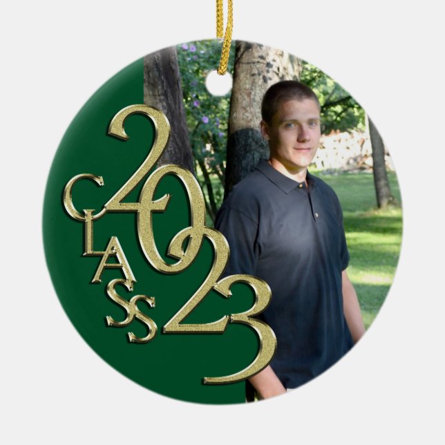 Graduation Class 2023 Photo Green with Gold  Ceramic Tree Decoration (Front)