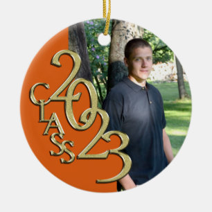 Graduation Class 2023 Photo Orange with Gold  Ceramic Tree Decoration