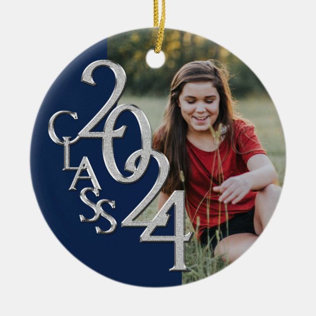 Graduation Class 2024 Photo Blue Silver Ceramic Tree Decoration (Front)