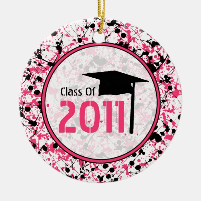 Graduation Class of 2011 Pink & Black Splatter Ceramic Tree Decoration (Front)