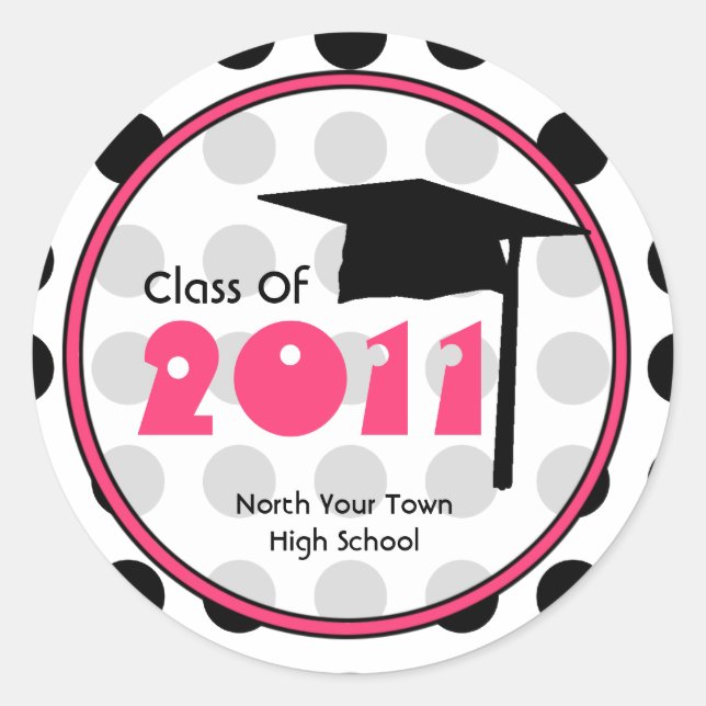 Graduation Class Of 2011 Polka Dot & Pink Classic Round Sticker (Front)