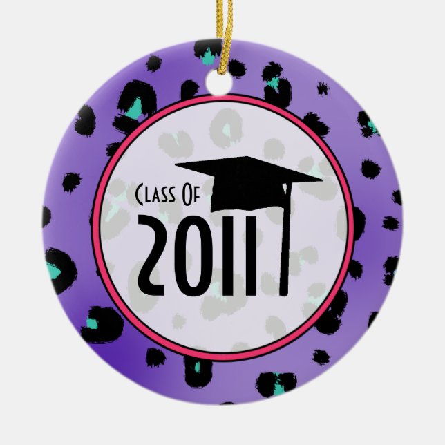Graduation Class of 2011 Purple Leopard Print Ceramic Tree Decoration (Front)