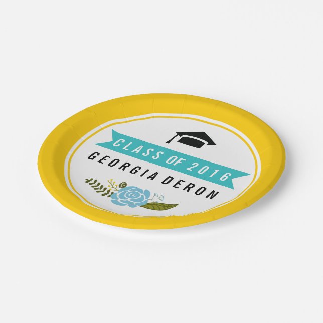 Graduation Class of 2016 yellow aqua modern floral Paper Plate (Angled)