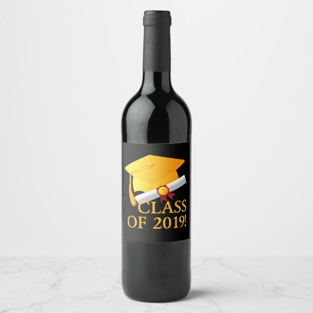 Graduation Class Of 2019! Cap And Diploma Scroll Wine Label (Front)