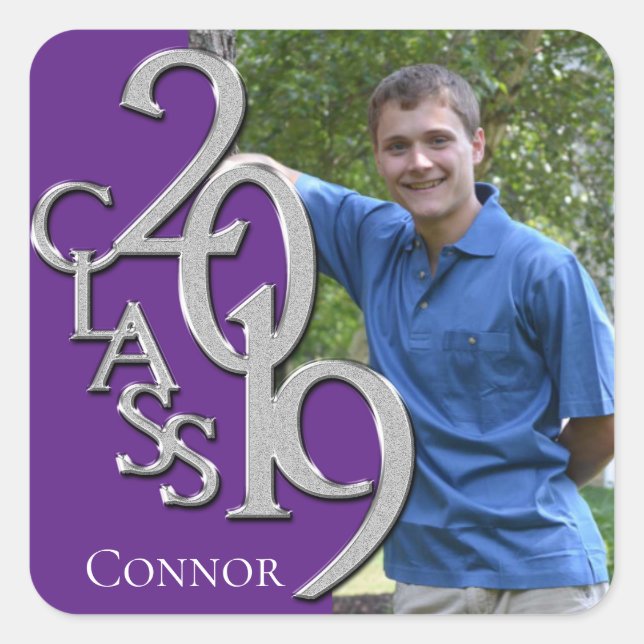 Graduation Class of 2019 Purple and Silver Photo Square Sticker (Front)