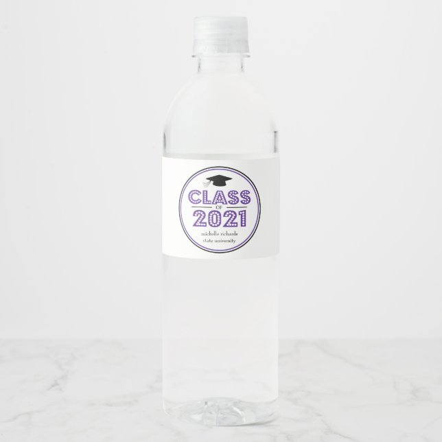 Graduation Class Of 2021 In Lights (Purple) Water Bottle Label (Front)