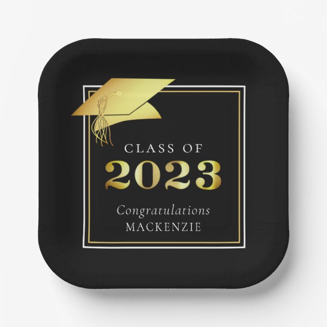 Graduation Class of 2023 Black Gold Personalised Paper Plate (Front)