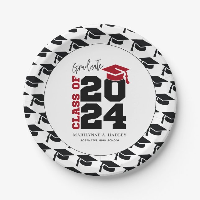 Graduation Class of 2024 Red and Black Paper Plate (Front)
