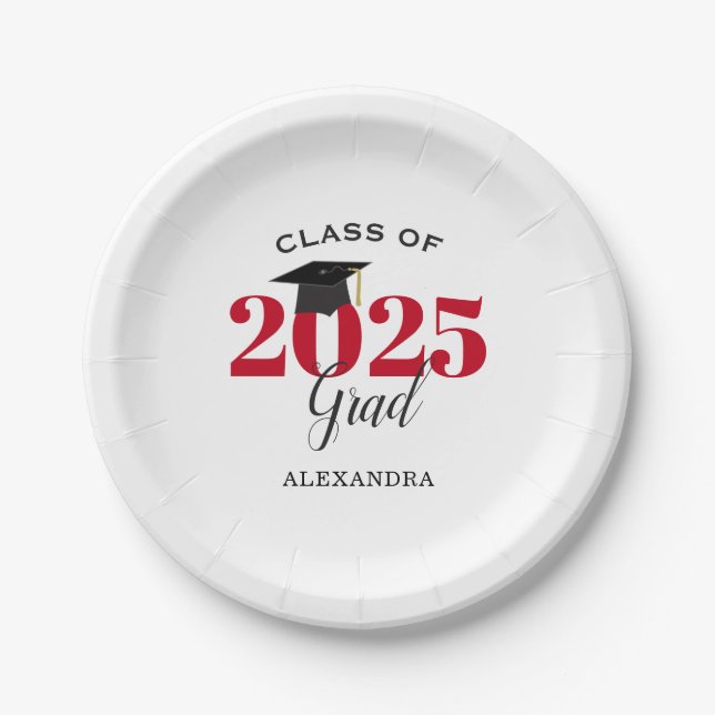 Graduation Class of 2025 Simple Red and Black Paper Plate (Front)