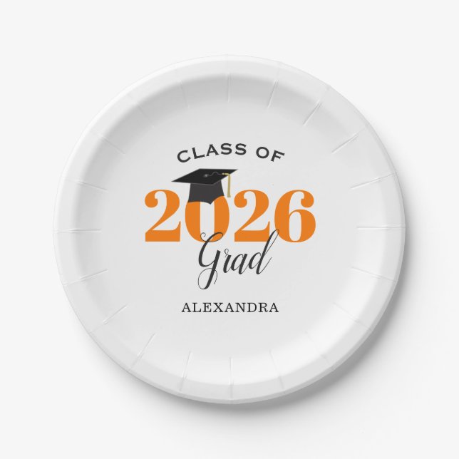 Graduation Class of 2026 Simple Orange and Black Paper Plate (Front)