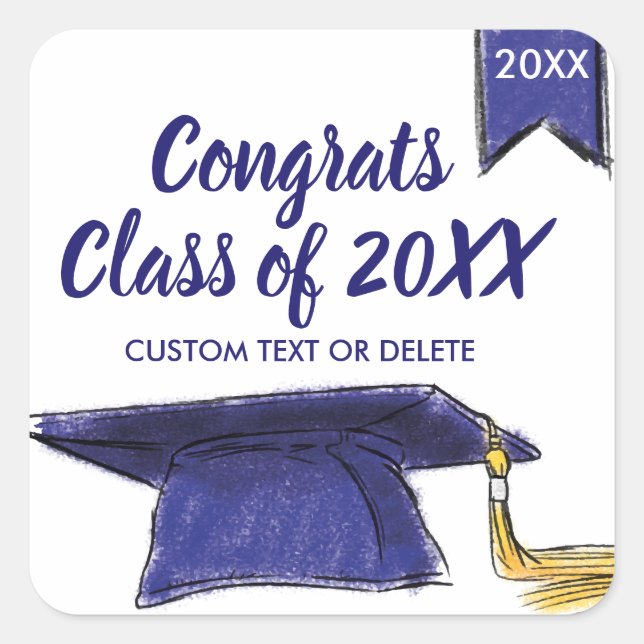 Graduation Class of 20XX Blue Grad Cap Custom Square Sticker (Front)
