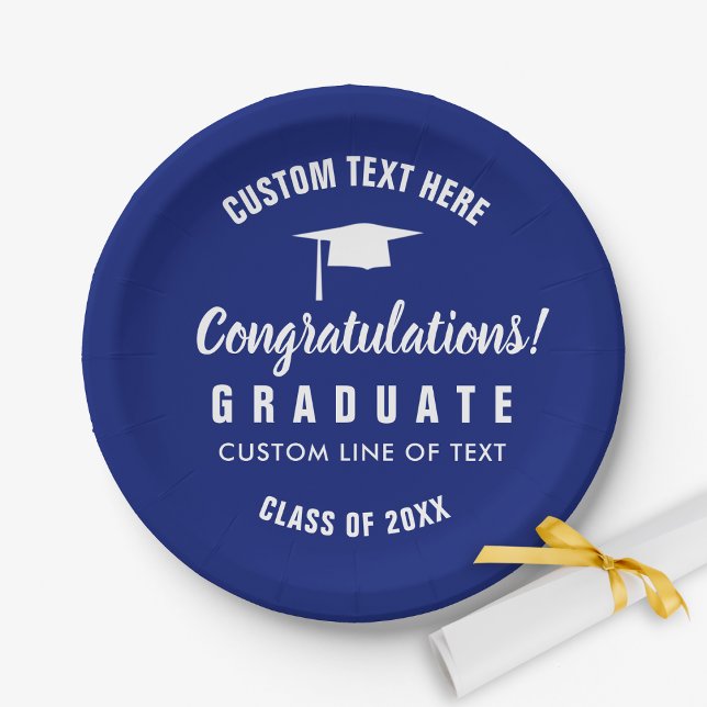 Graduation Class of 20XX Congrats Grad Cap Blue Paper Plate (Creator Uploaded)