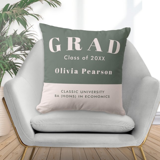 Graduation Class of 20XX Sage Green Blush Keepsake Cushion (A sage green and pink throw pillow with 'GRAD' text, personalized with name, university and degree)