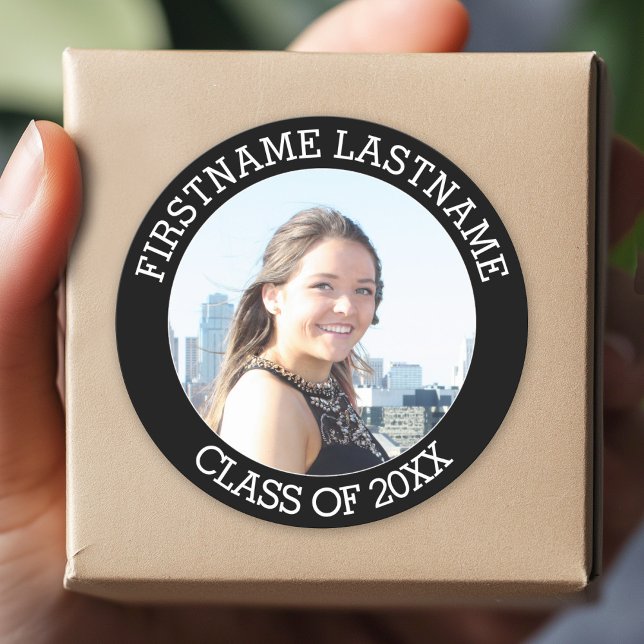 Graduation Class of - Photo and Name Modern Classic Round Sticker (Custom Sticker for Party Favors and Envelopes)
