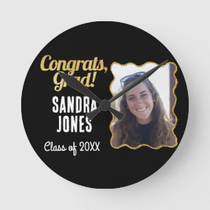 Graduation Class Personalised Name Year Black Gold Round Clock
